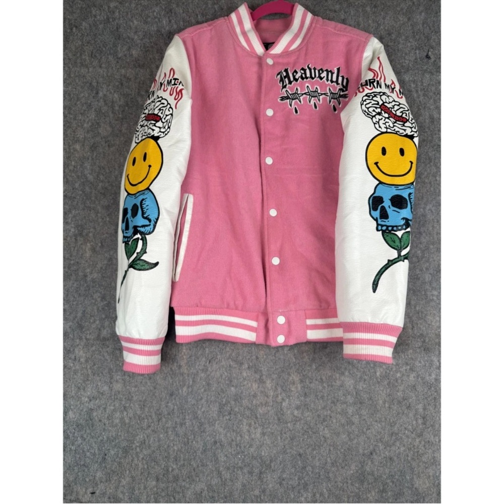 Rebel Minds Heavenly Varsity Jacket Women's‎ S Pink White Embroidered Snap Front